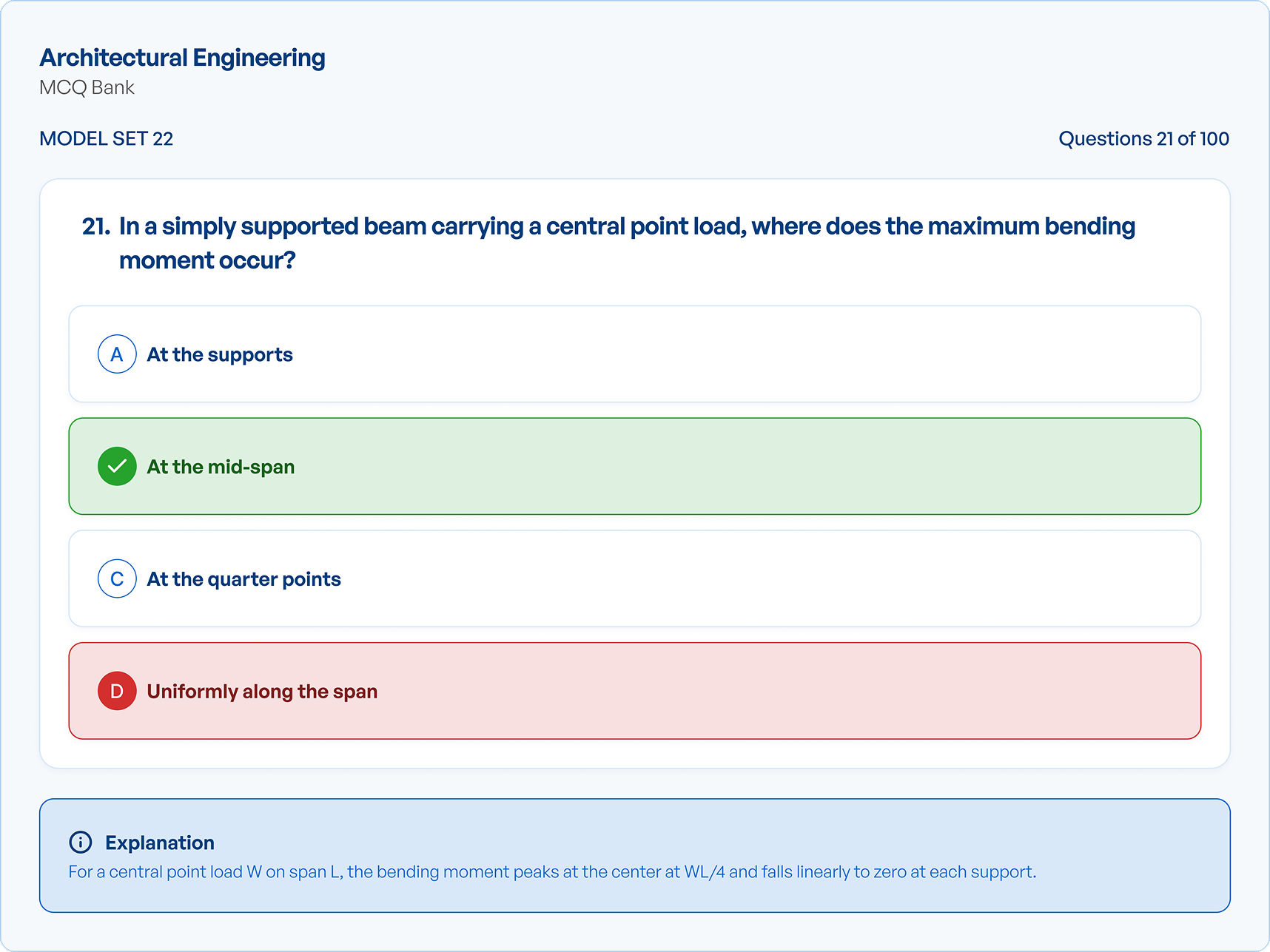 NEC MCQ practice screen showing a question with explanation
